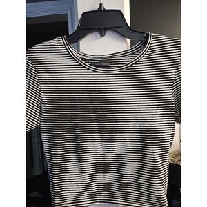 Zara Collection B Womens Small Black White Striped Ribbed Knit Short Sleeve Crop